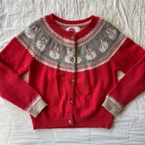 Mini Boden Red Snowman Sweater Cardigan, 5-6 years
